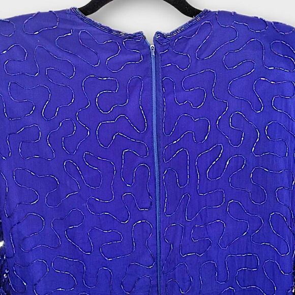 VTG Denise Elle Formal Gown‎ Sz Medium Blue Silk Beaded 80s Maxi Mermaid Glam - Picture 3 of 16